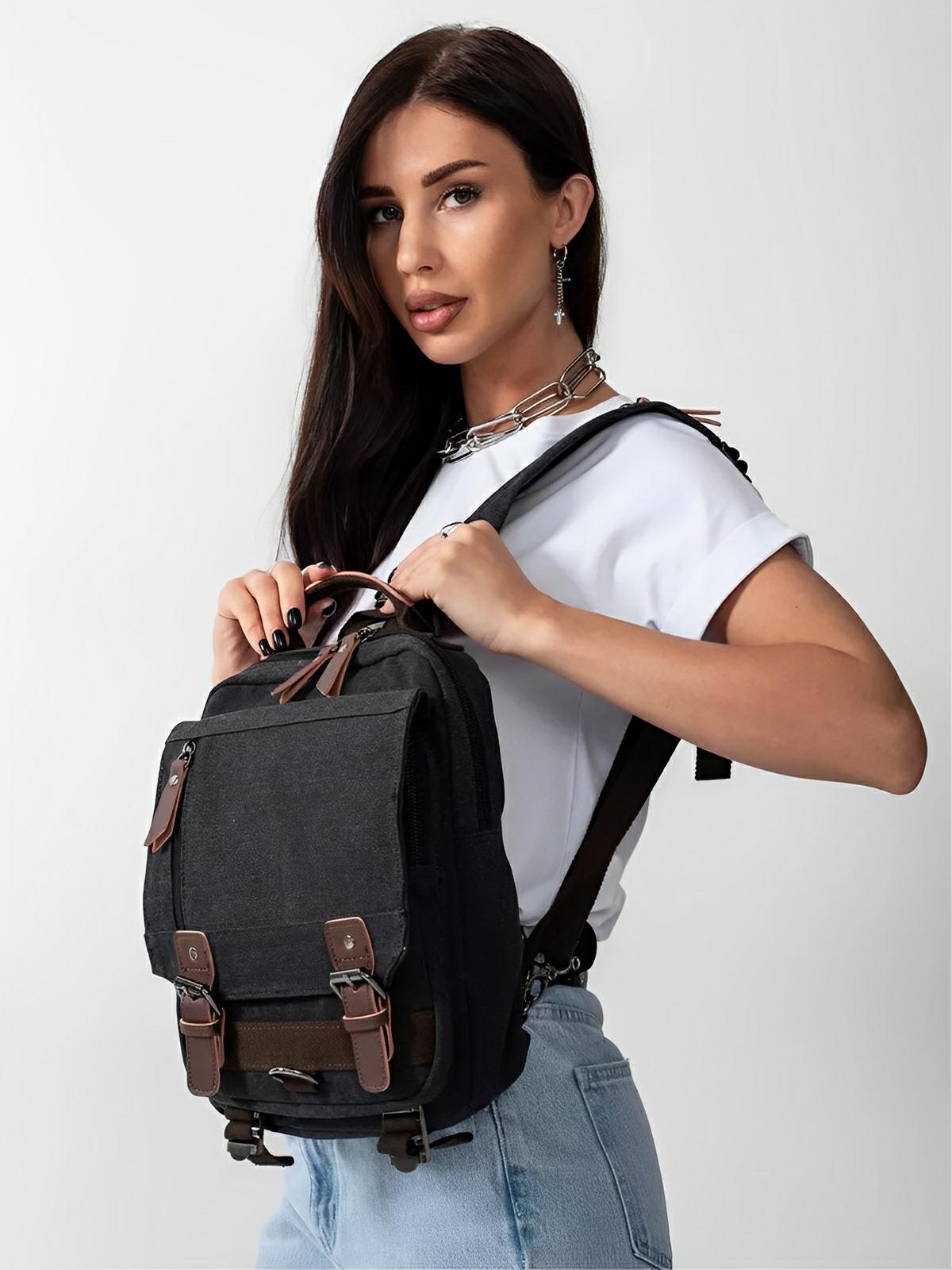 Sac à dos en toile, pour femme, imperméable compact, mixte voyage, urbain multi - fonction, modèle Elinda - Sac à dos - Noir