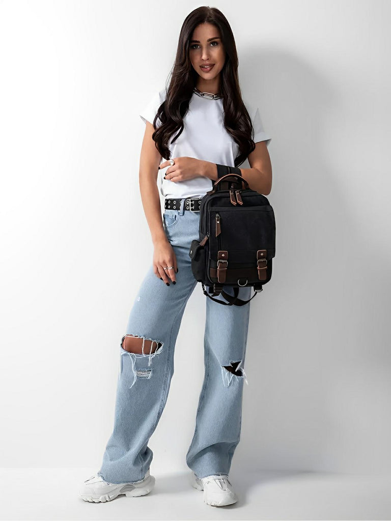 Sac à dos en toile, pour femme, imperméable compact, mixte voyage, urbain multi - fonction, modèle Elinda - Sac à dos - Noir