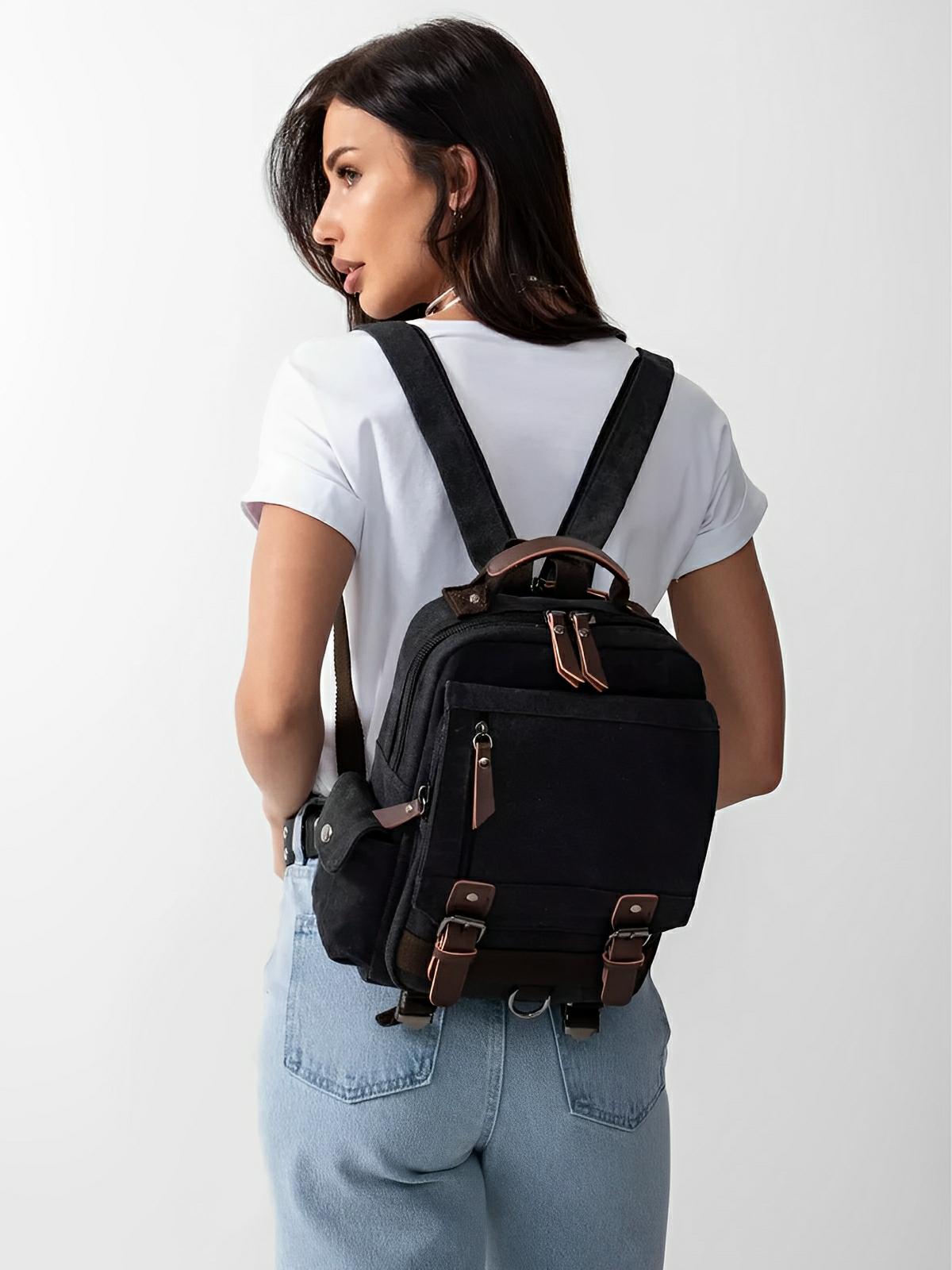 Sac à dos en toile, pour femme, imperméable compact, mixte voyage, urbain multi - fonction, modèle Elinda - Sac à dos - Noir