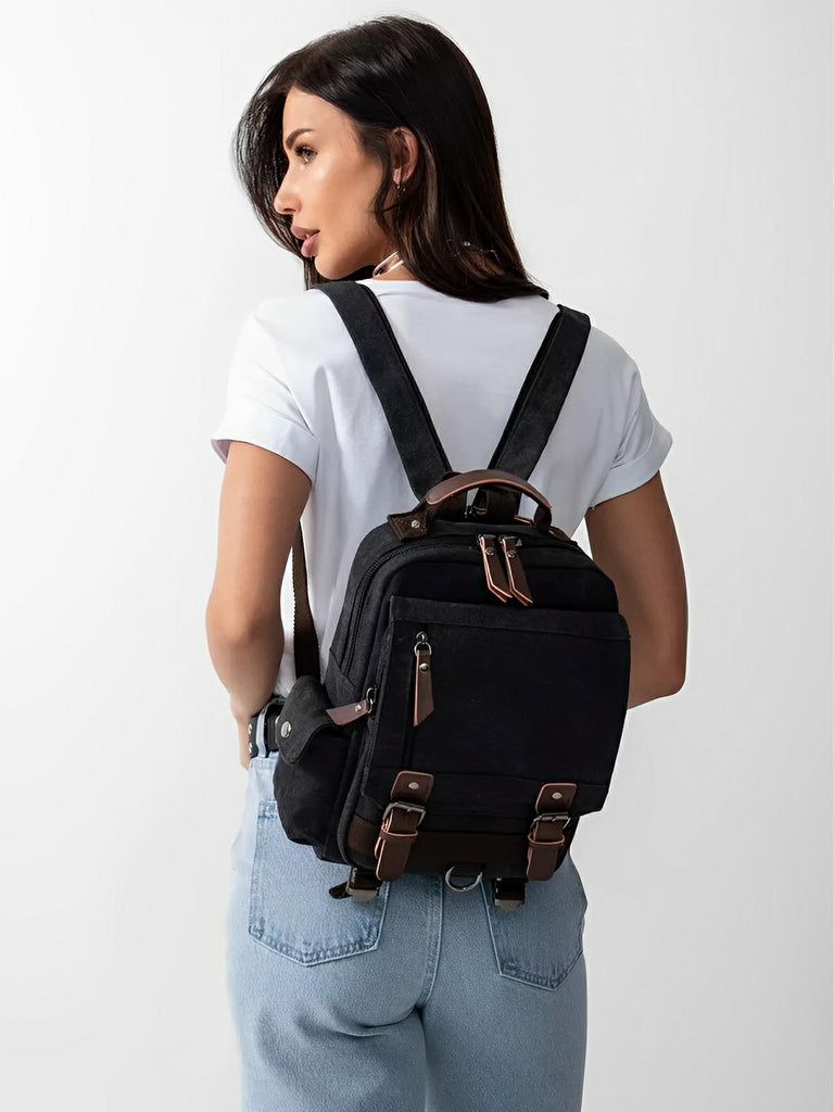 Sac à dos en toile, pour femme, imperméable compact, mixte voyage, urbain multi - fonction, modèle Elinda - Sac à dos - Noir