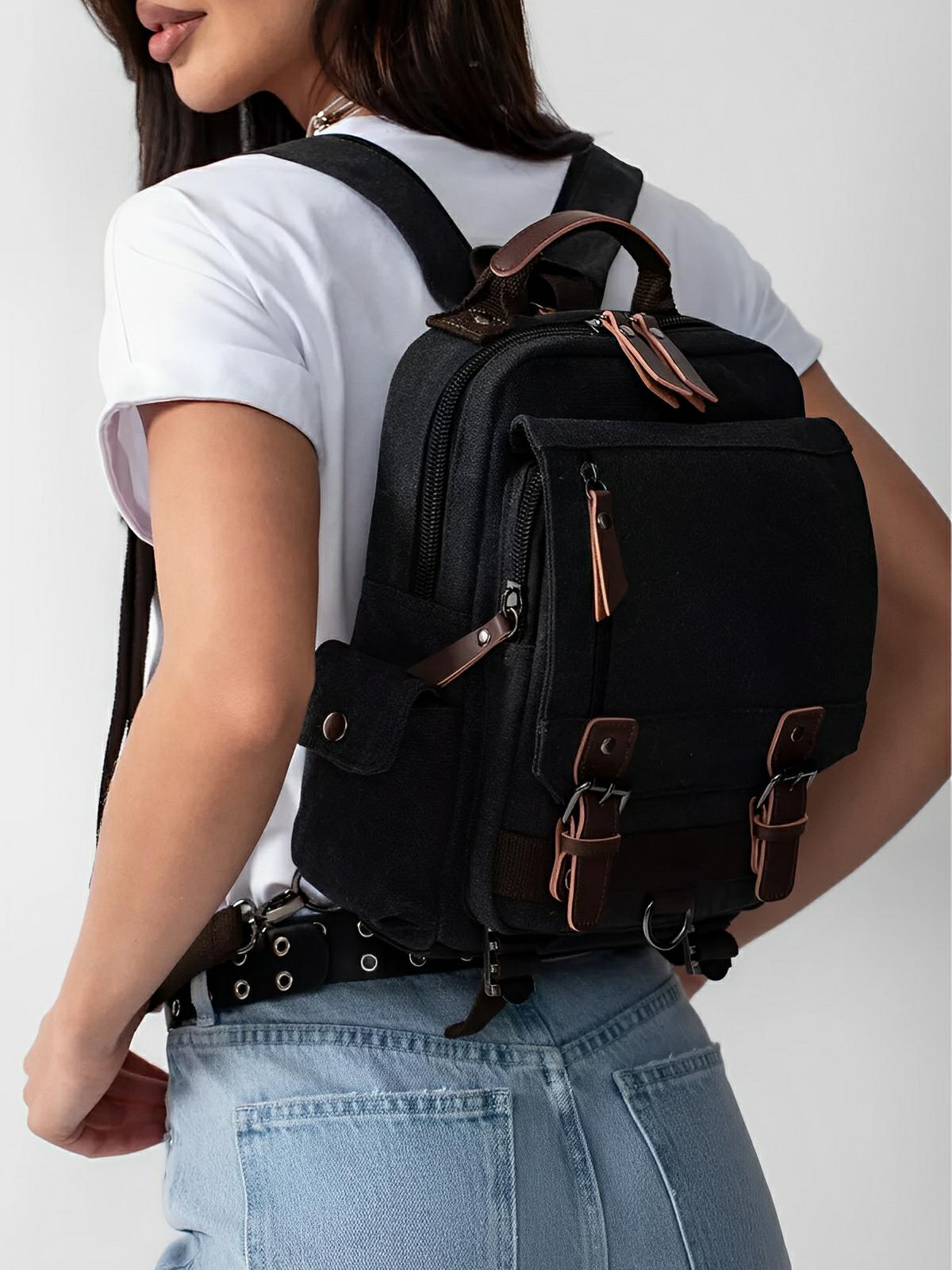 Sac à dos en toile, pour femme, imperméable compact, mixte voyage, urbain multi - fonction, modèle Elinda - Sac à dos - Noir