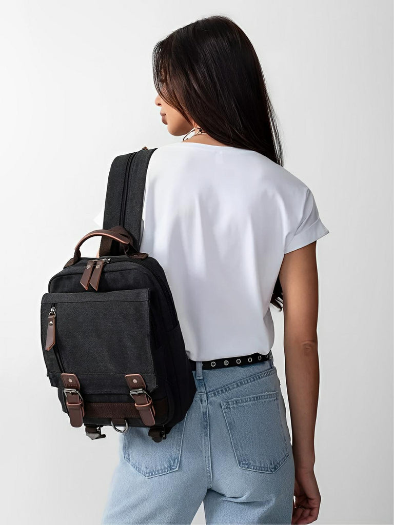 Sac à dos en toile, pour femme, imperméable compact, mixte voyage, urbain multi - fonction, modèle Elinda - Sac à dos - Noir