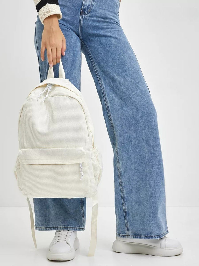 Sac à dos en velours côtelé, format A4, léger, grande poche zippée, style décontracté, sac d'école, modèle Firex - Sac à dos - Blanc