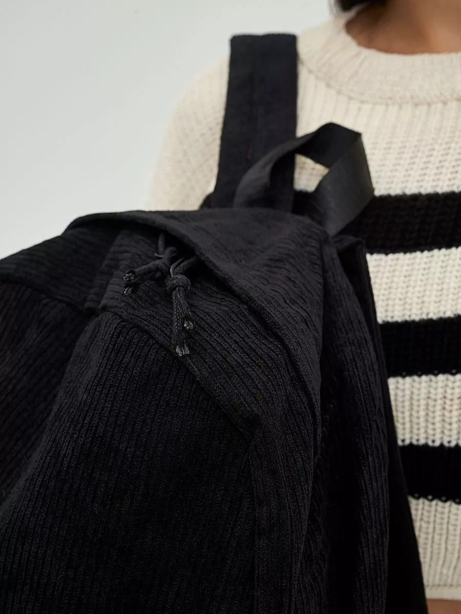 Sac à dos en velours côtelé, format A4, léger, grande poche zippée, style décontracté, sac d'école, modèle Firex - Sac à dos - Noir