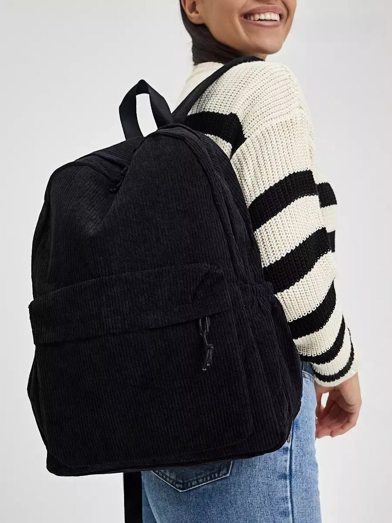 Sac à dos en velours côtelé, format A4, léger, grande poche zippée, style décontracté, sac d'école, modèle Firex - Sac à dos - Noir