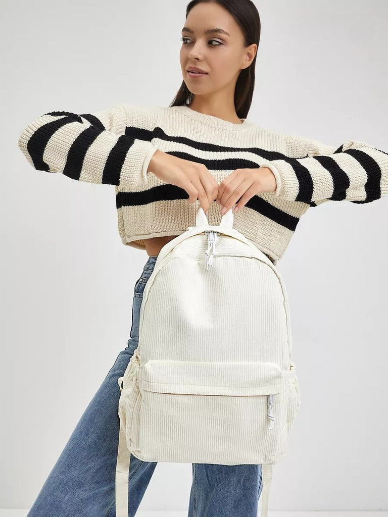Sac à dos en velours côtelé, format A4, léger, grande poche zippée, style décontracté, sac d'école, modèle Firex - Sac à dos - Blanc