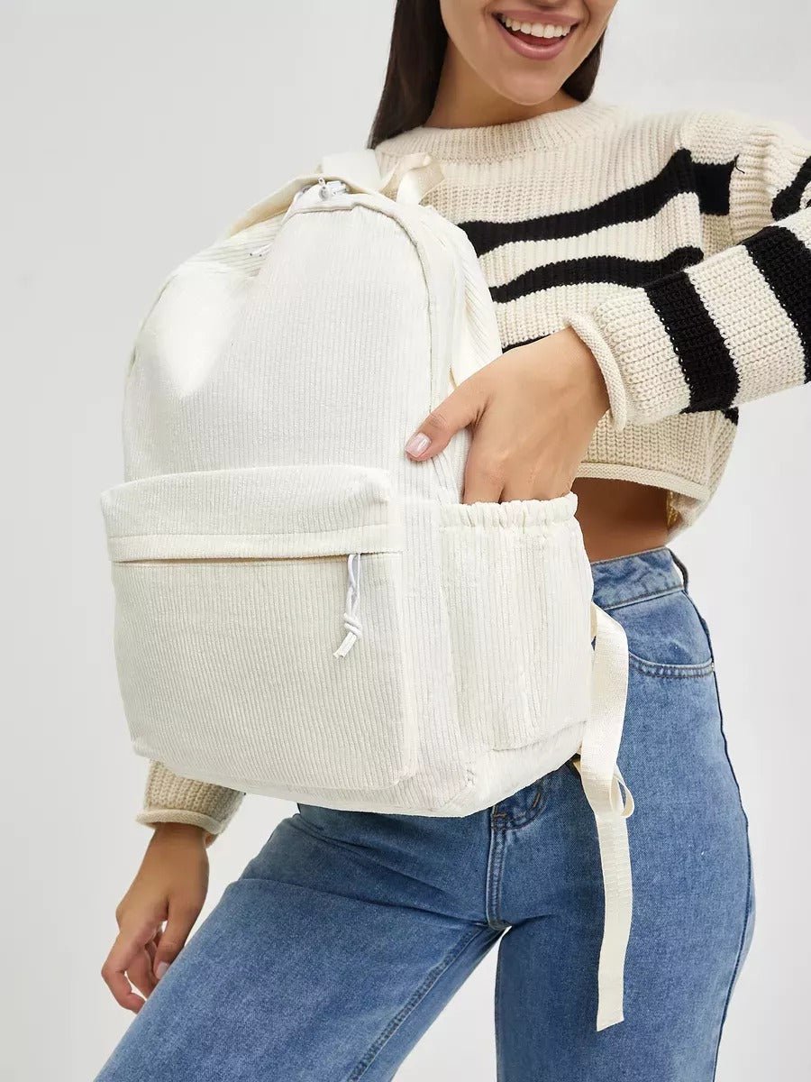 Sac à dos en velours côtelé, format A4, léger, grande poche zippée, style décontracté, sac d'école, modèle Firex - Sac à dos - Blanc
