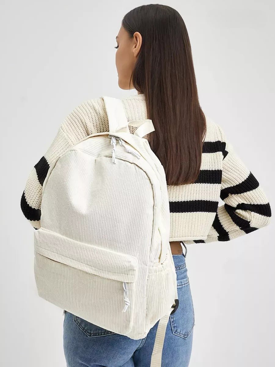 Sac à dos en velours côtelé, format A4, léger, grande poche zippée, style décontracté, sac d'école, modèle Firex - Sac à dos - Blanc