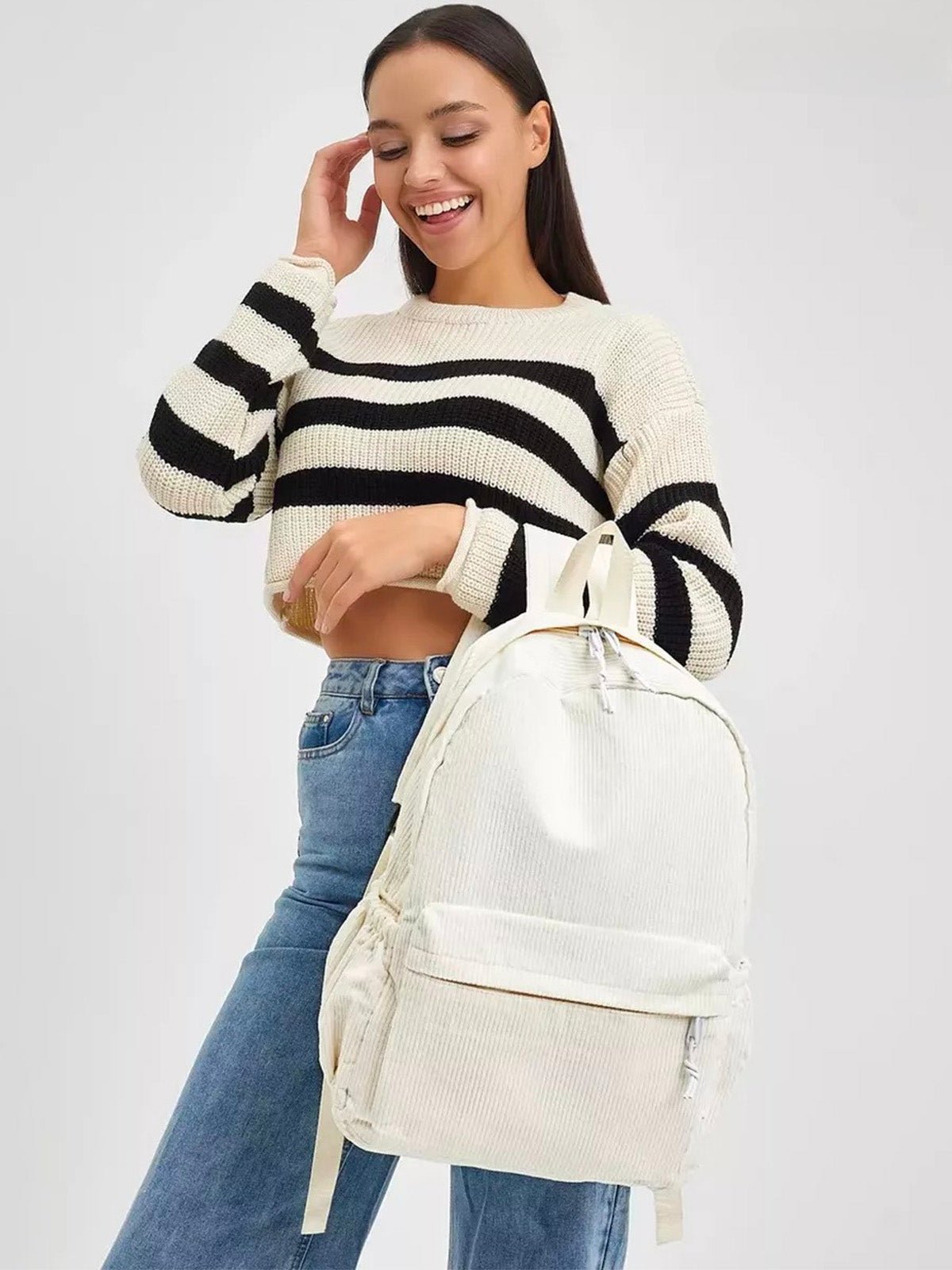 Sac à dos en velours côtelé, format A4, léger, grande poche zippée, style décontracté, sac d'école, modèle Firex - Sac à dos - Blanc