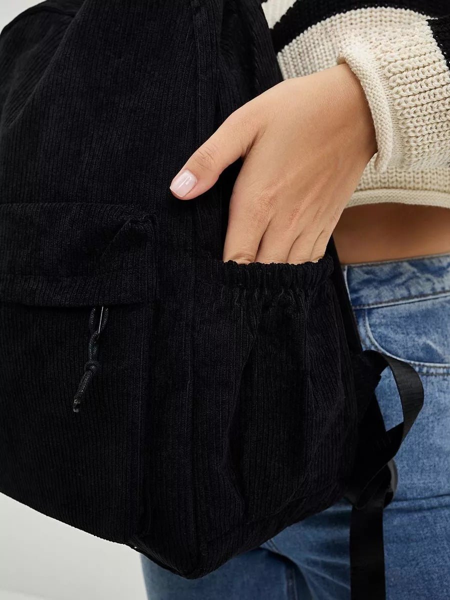 Sac à dos en velours côtelé, format A4, léger, grande poche zippée, style décontracté, sac d'école, modèle Firex - Sac à dos - Noir