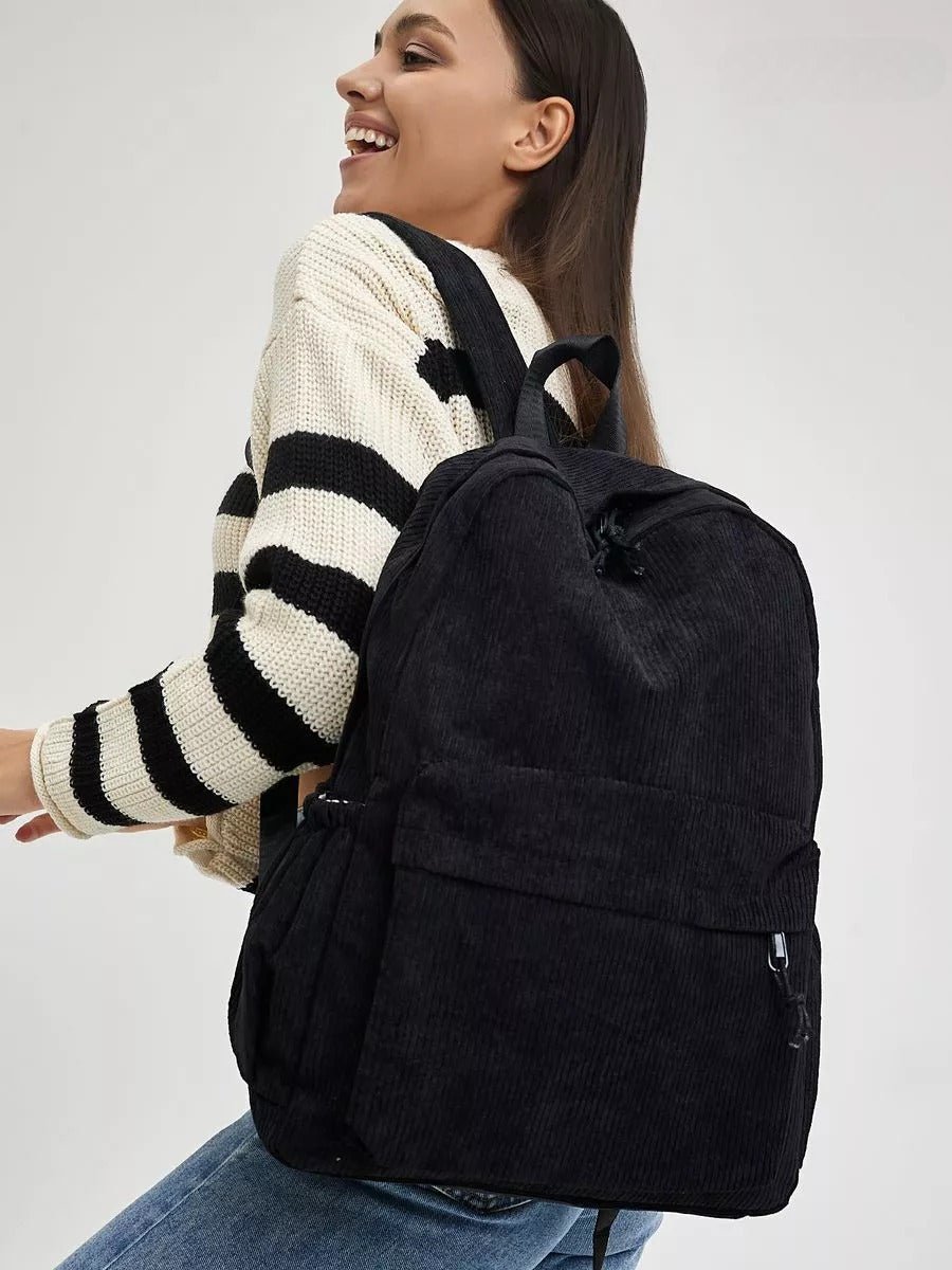 Sac à dos en velours côtelé, format A4, léger, grande poche zippée, style décontracté, sac d'école, modèle Firex - Sac à dos - Noir