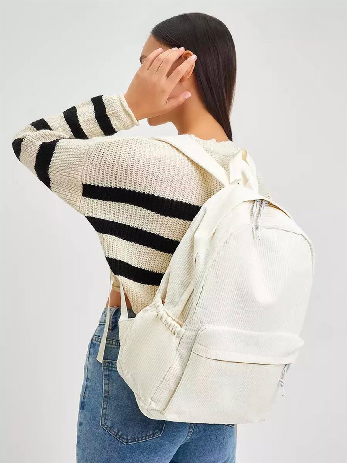 Sac à dos en velours côtelé, format A4, léger, grande poche zippée, style décontracté, sac d'école, modèle Firex - Sac à dos - Blanc