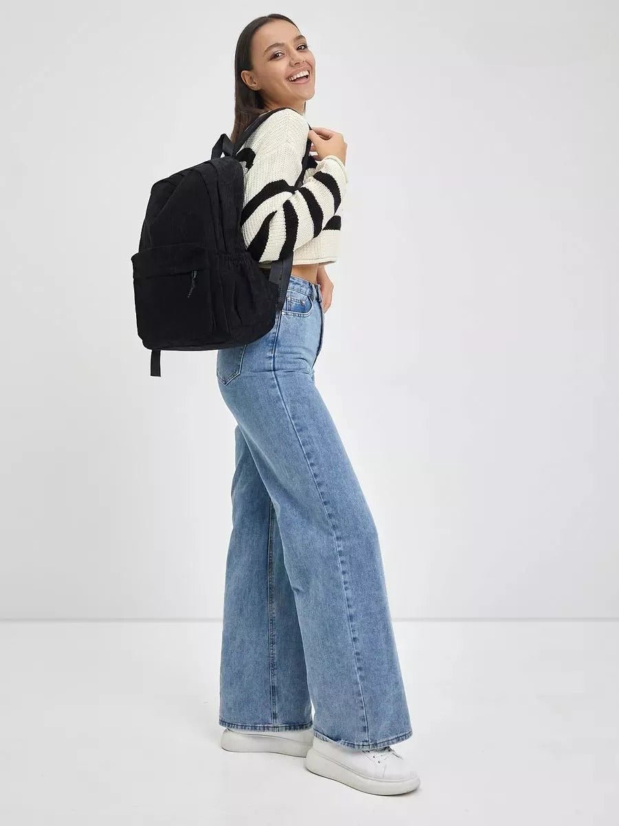 Sac à dos en velours côtelé, format A4, léger, grande poche zippée, style décontracté, sac d'école, modèle Firex - Sac à dos - Noir