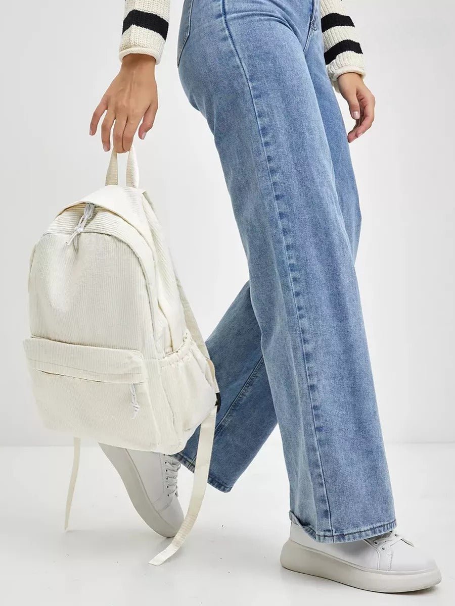 Sac à dos en velours côtelé, format A4, léger, grande poche zippée, style décontracté, sac d'école, modèle Firex - Sac à dos - Blanc