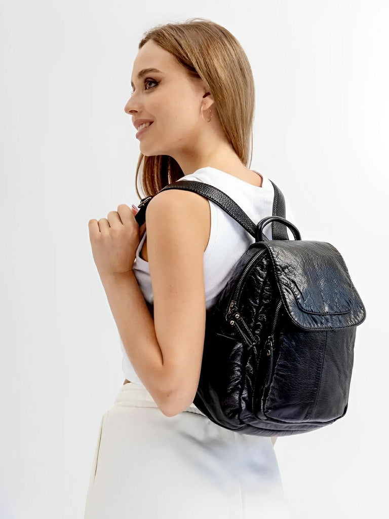 Sac à dos femme, design moderne, simili vegan, léger, spacieux, usage quotidien, voyage, travail, modèle Kaella - Sac à dos - Noir