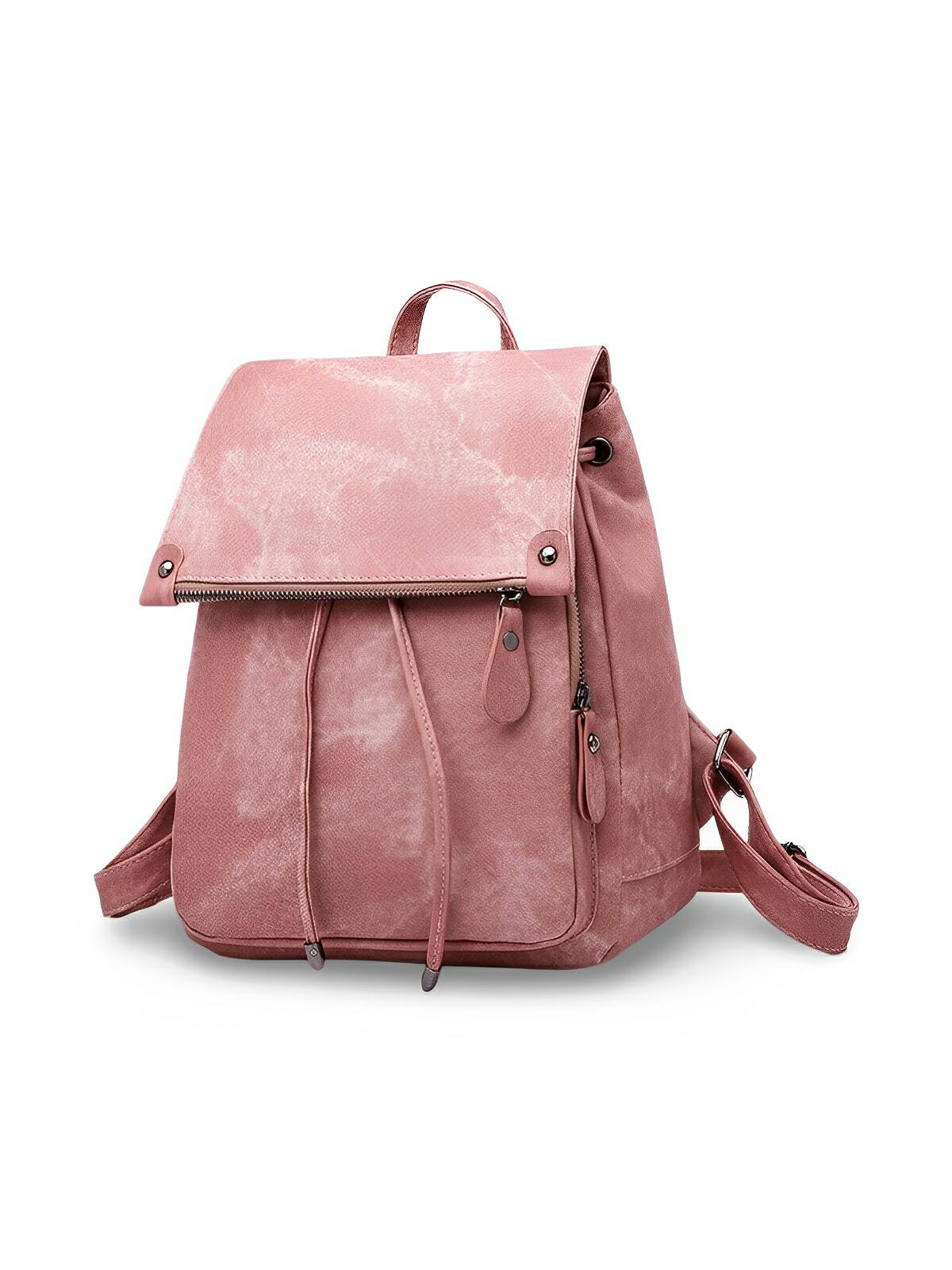 Sac à dos femme, design tendance, grande capacité, fermeture lacets et rabat, cuir simili vegan doux, modèle Tania - Sac à dos - Rose