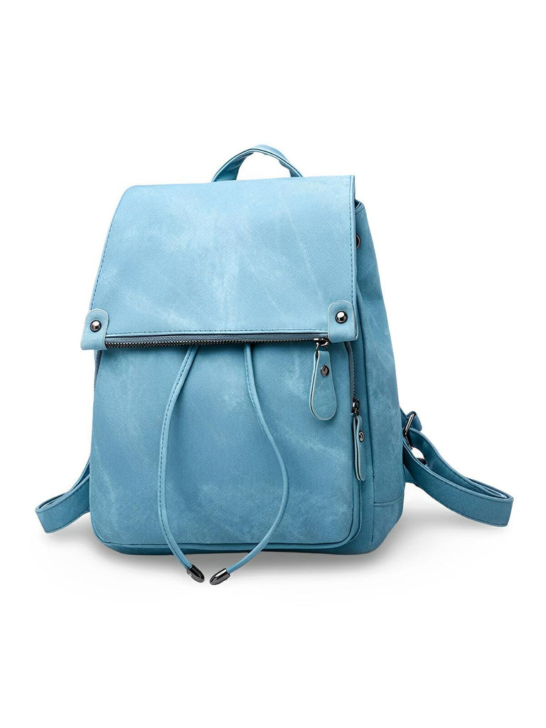 Sac à dos femme, design tendance, grande capacité, fermeture lacets et rabat, cuir simili vegan doux, modèle Tania - Sac à dos - Bleu