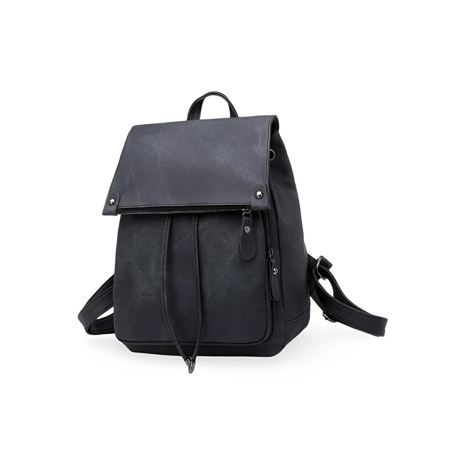 Sac à dos femme, design tendance, grande capacité, fermeture lacets et rabat, cuir simili vegan doux, modèle Tania - Sac à dos - Noir