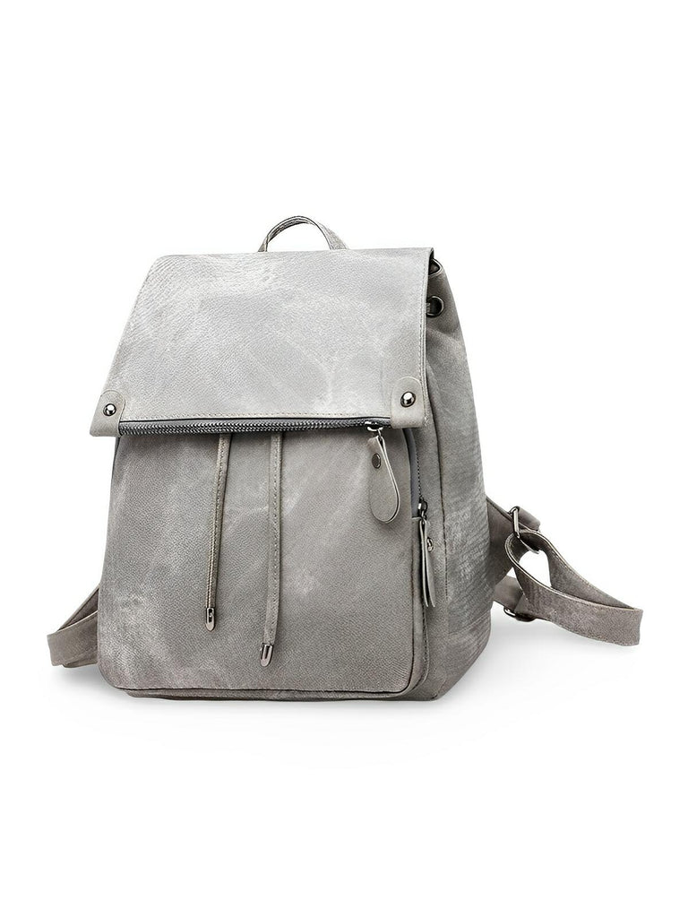 Sac à dos femme, design tendance, grande capacité, fermeture lacets et rabat, cuir simili vegan doux, modèle Tania - Sac à dos - Gris