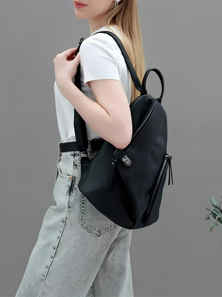 Sac à dos femme en simili vegan véritable, design tendance, grande capacité, fonction anti - vol, bretelles réglables, modèle Baya - Sac à dos - Noir