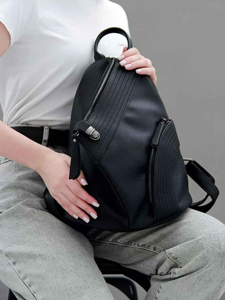 Sac à dos femme en simili vegan véritable, design tendance, grande capacité, fonction anti - vol, bretelles réglables, modèle Baya - Sac à dos - Noir