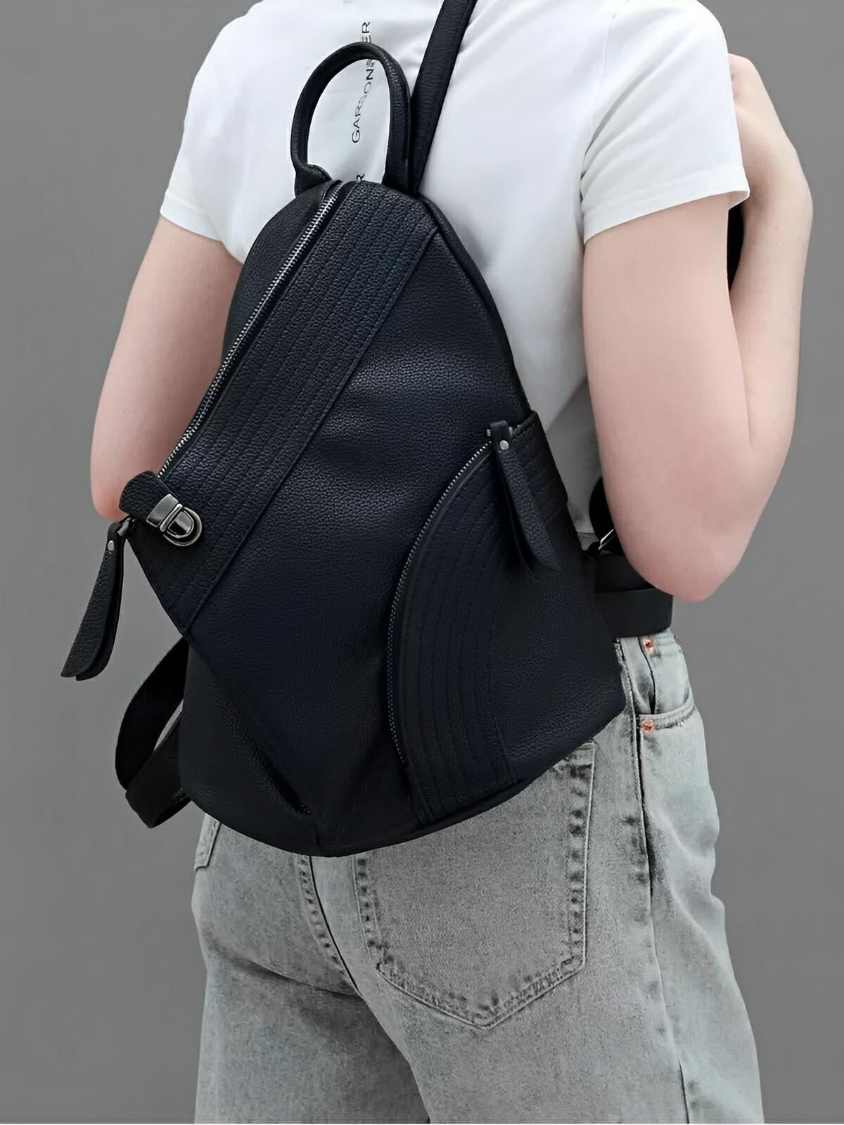 Sac à dos femme en simili vegan véritable, design tendance, grande capacité, fonction anti - vol, bretelles réglables, modèle Baya - Sac à dos - Noir