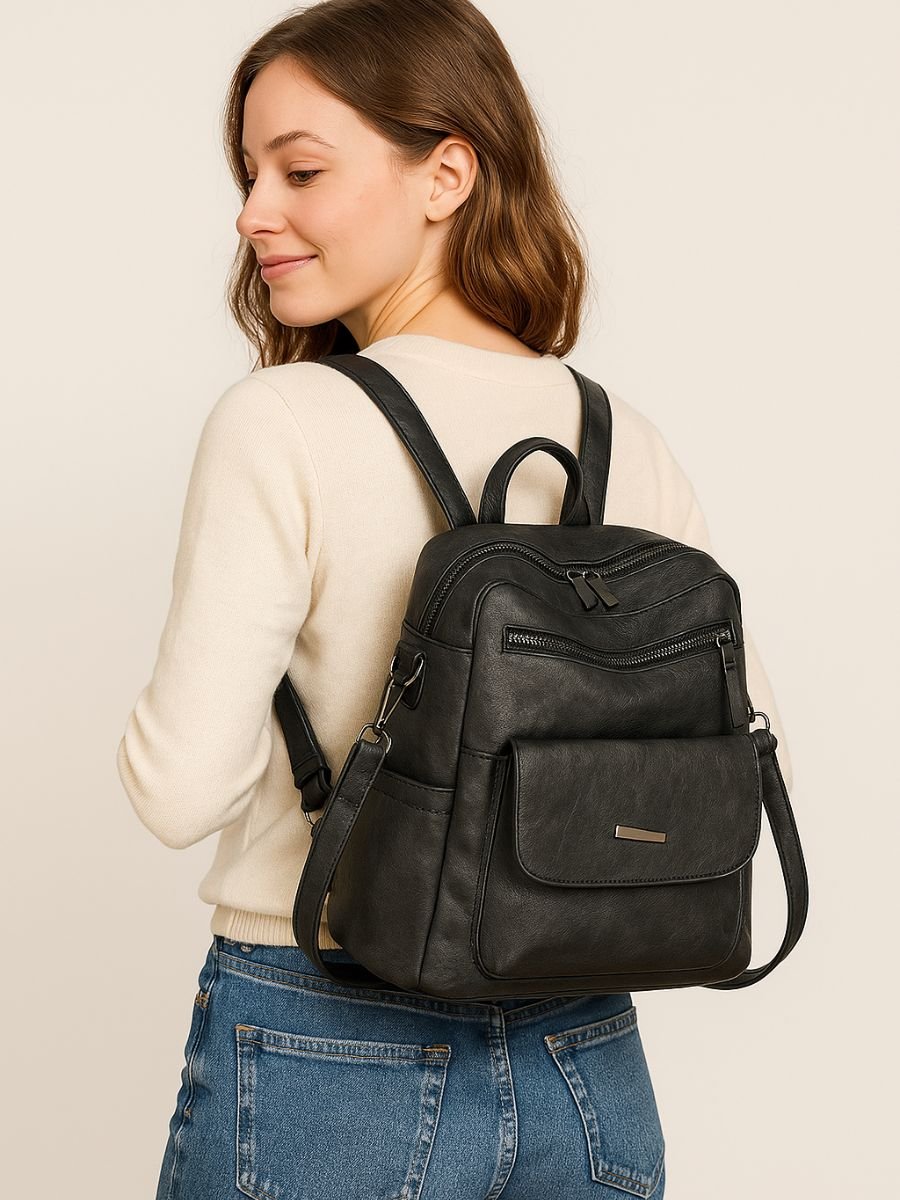 Sac à dos femme, grand format, simili vegan effet vieilli, sac convertible, multi - poches, casual chic, modèle Laurie - Sac à dos - Noir