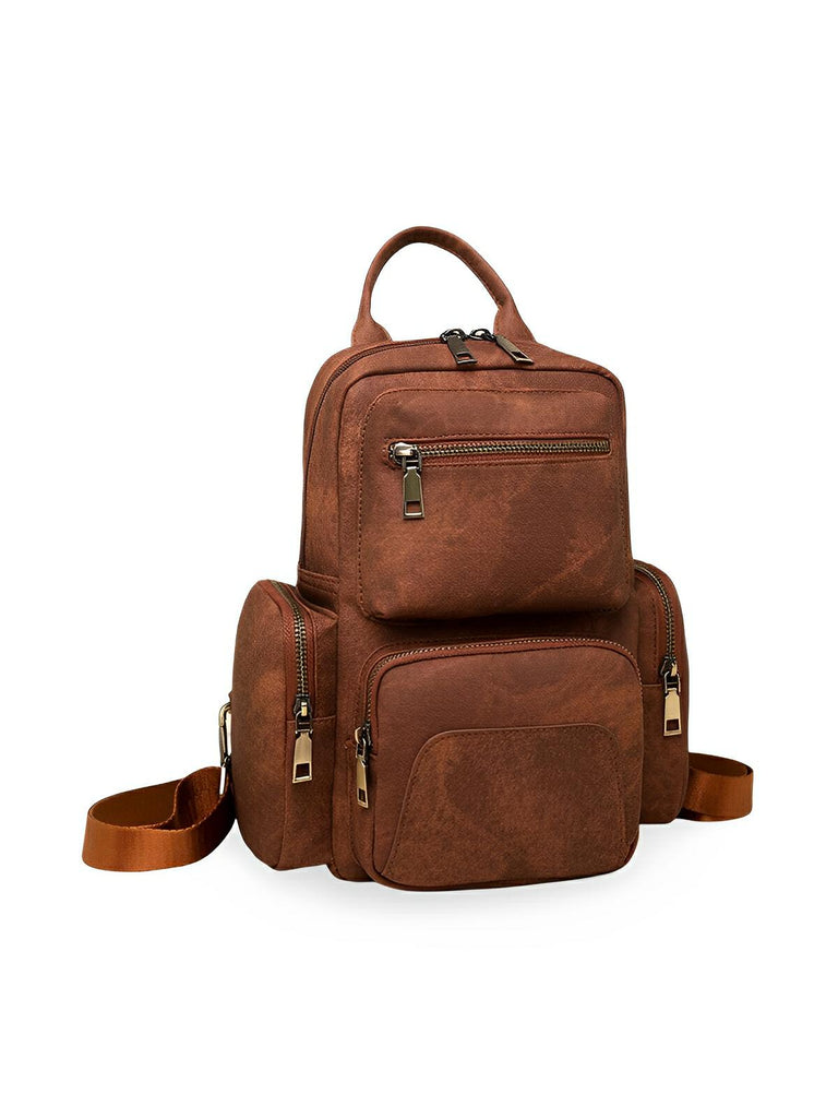 Sac à dos femme, simili vegan, compact, convertible sac bandoulière, multifonction, voyage, quotidien, modèle Amel - Sac à dos - Marron