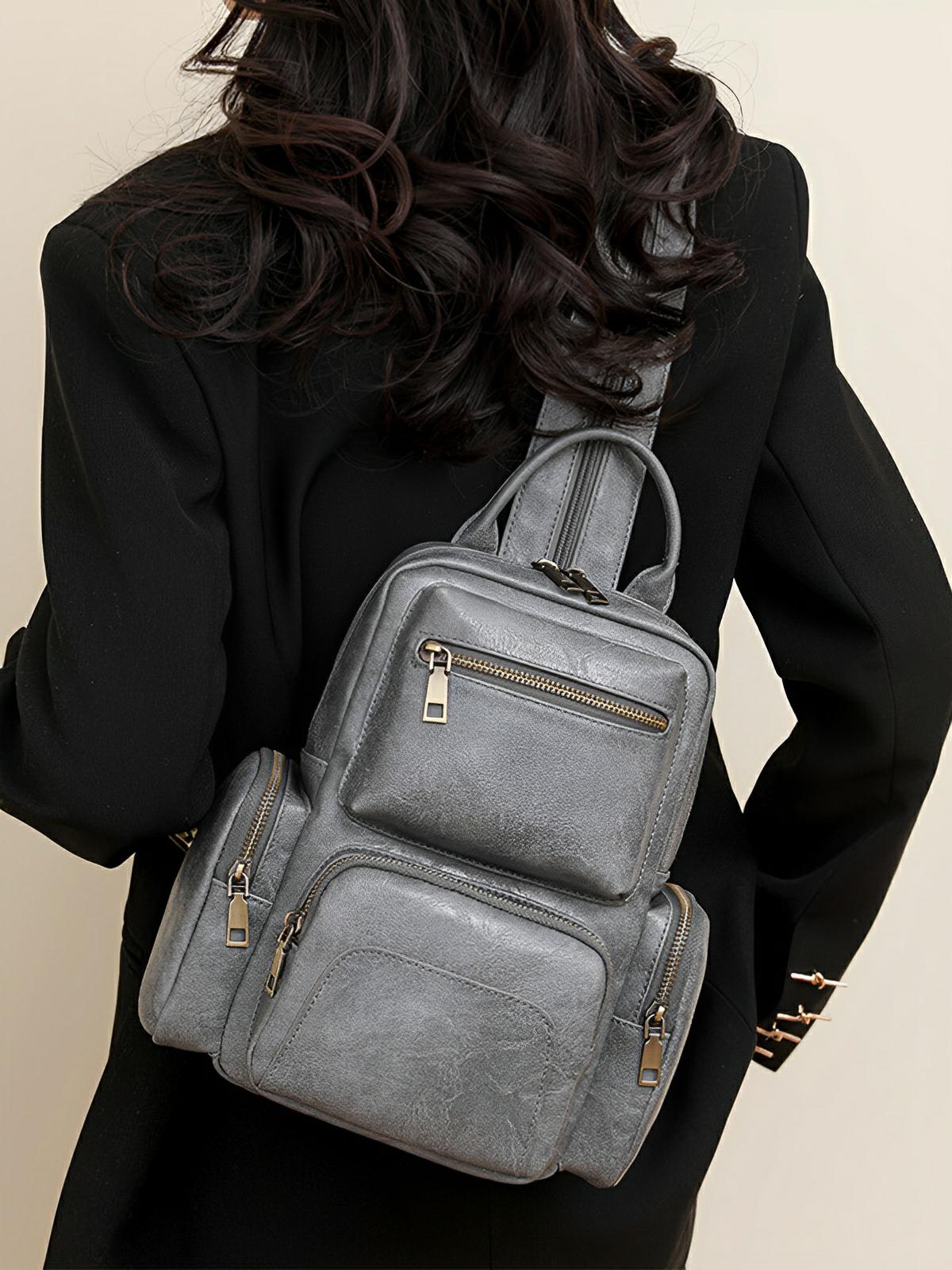 Sac à dos femme, simili vegan, compact, convertible sac bandoulière, multifonction, voyage, quotidien, modèle Amel - Sac à dos - Gris