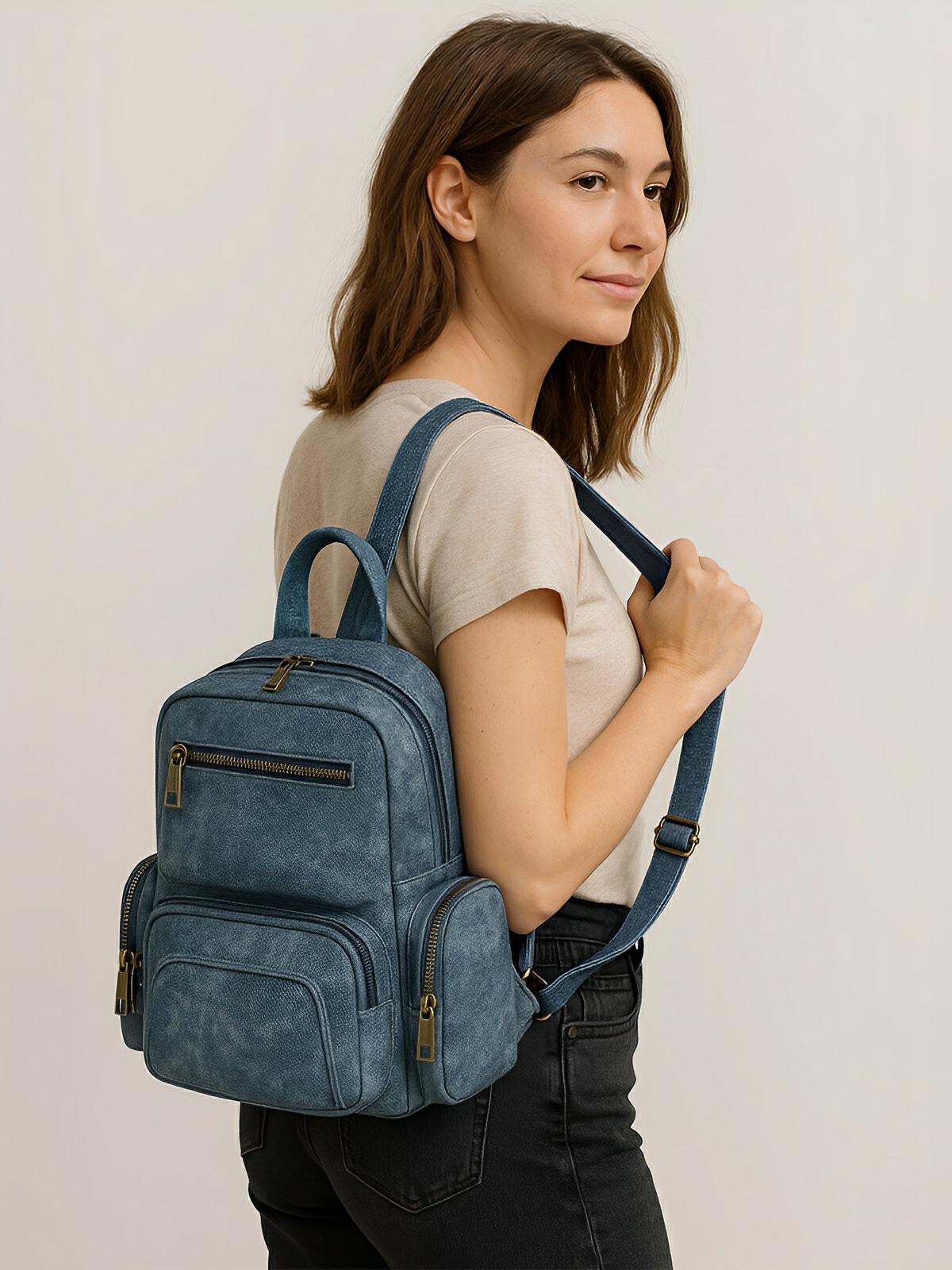Sac à dos femme, simili vegan, compact, convertible sac bandoulière, multifonction, voyage, quotidien, modèle Amel - Sac à dos - Bleu