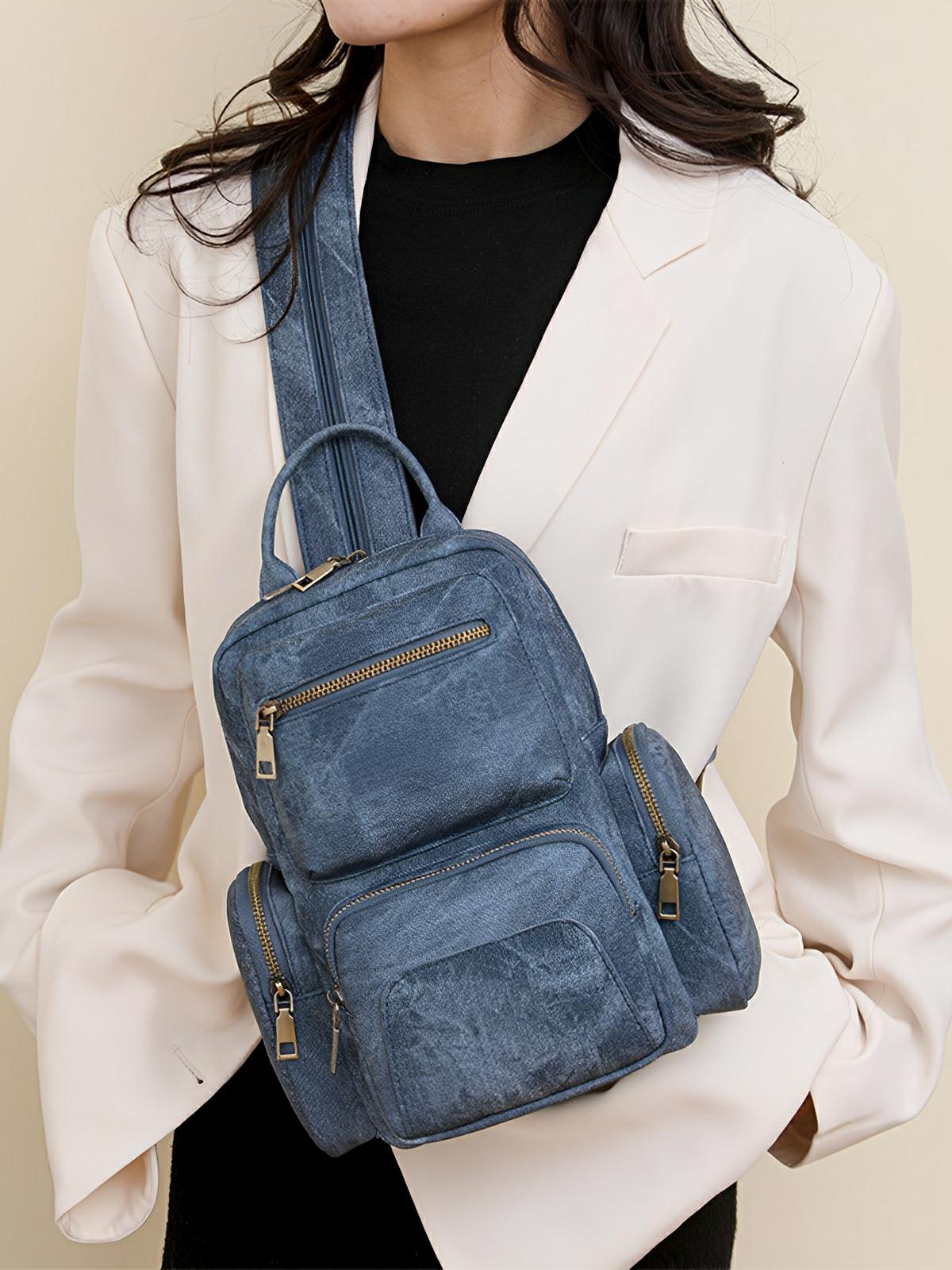 Sac à dos femme, simili vegan, compact, convertible sac bandoulière, multifonction, voyage, quotidien, modèle Amel - Sac à dos - Bleu