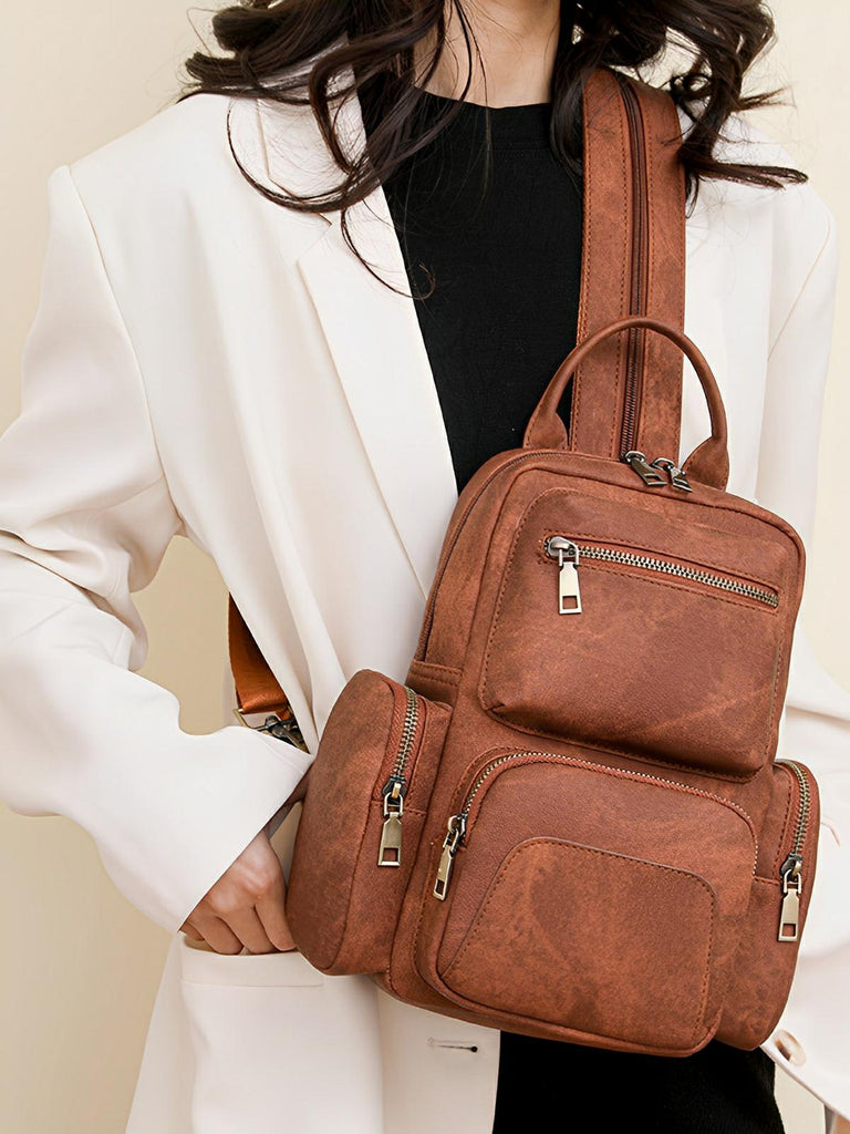 Sac à dos femme, simili vegan, compact, convertible sac bandoulière, multifonction, voyage, quotidien, modèle Amel - Sac à dos - Marron