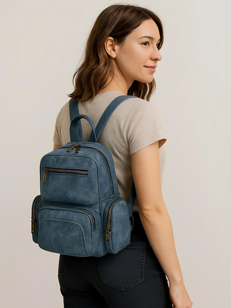 Sac à dos femme, simili vegan, compact, convertible sac bandoulière, multifonction, voyage, quotidien, modèle Amel - Sac à dos - Bleu
