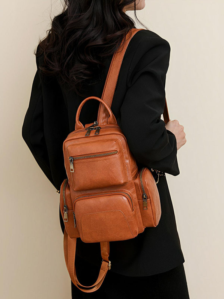 Sac à dos femme, simili vegan, compact, convertible sac bandoulière, multifonction, voyage, quotidien, modèle Amel - Sac à dos - Camel