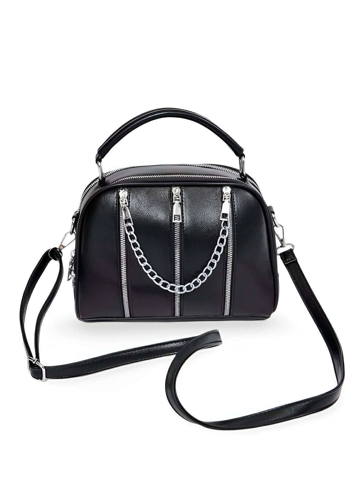Sac à main femme, format moyen, simili vegan, poche téléphone, chaîne, noir, modèle Paola - Sac à main - Noir