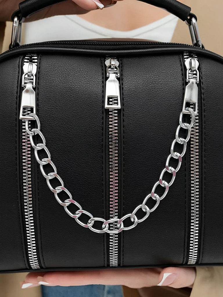 Sac à main femme, format moyen, simili vegan, poche téléphone, chaîne, noir, modèle Paola - Sac à main - Noir