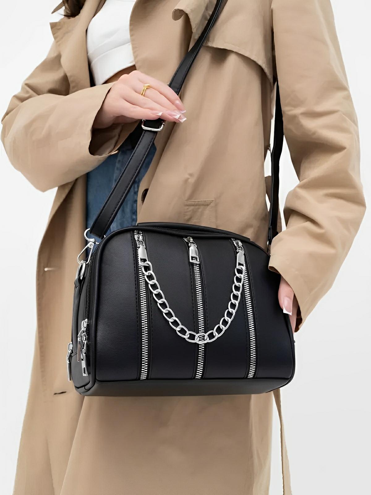 Sac à main femme, format moyen, simili vegan, poche téléphone, chaîne, noir, modèle Paola - Sac à main - Noir