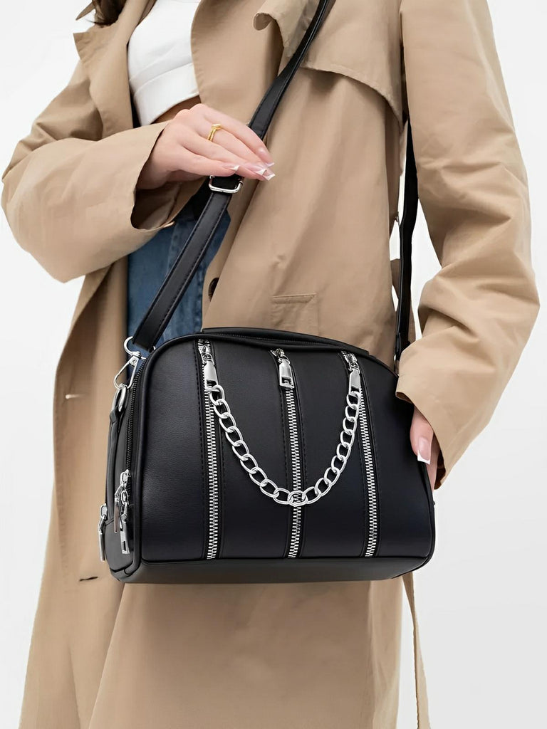 Sac à main femme, format moyen, simili vegan, poche téléphone, chaîne, noir, modèle Paola - Sac à main - Noir