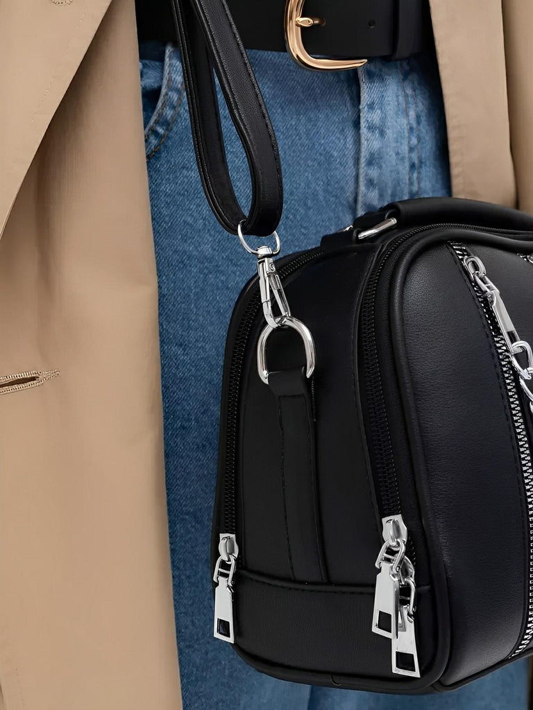 Sac à main femme, format moyen, simili vegan, poche téléphone, chaîne, noir, modèle Paola - Sac à main - Noir