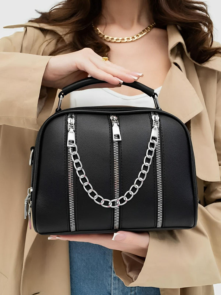 Sac à main femme, format moyen, simili vegan, poche téléphone, chaîne, noir, modèle Paola - Sac à main - Noir