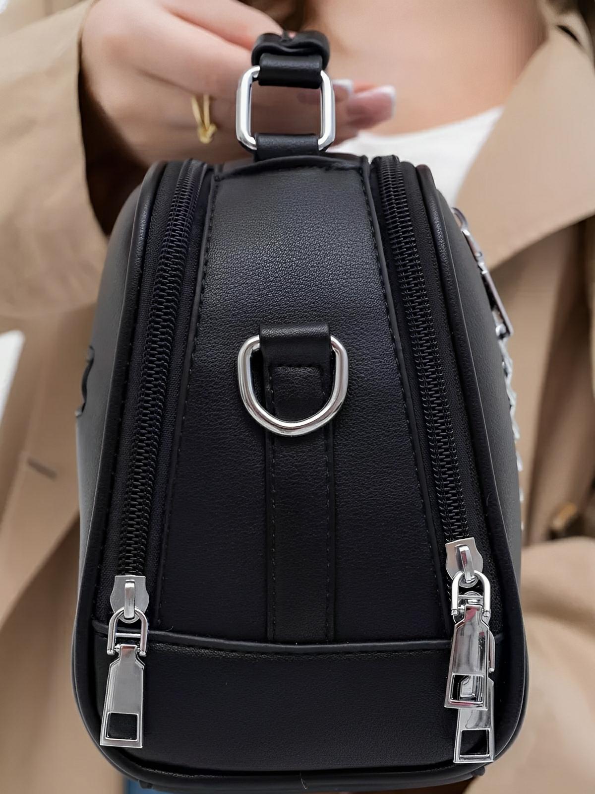 Sac à main femme, format moyen, simili vegan, poche téléphone, chaîne, noir, modèle Paola - Sac à main - Noir