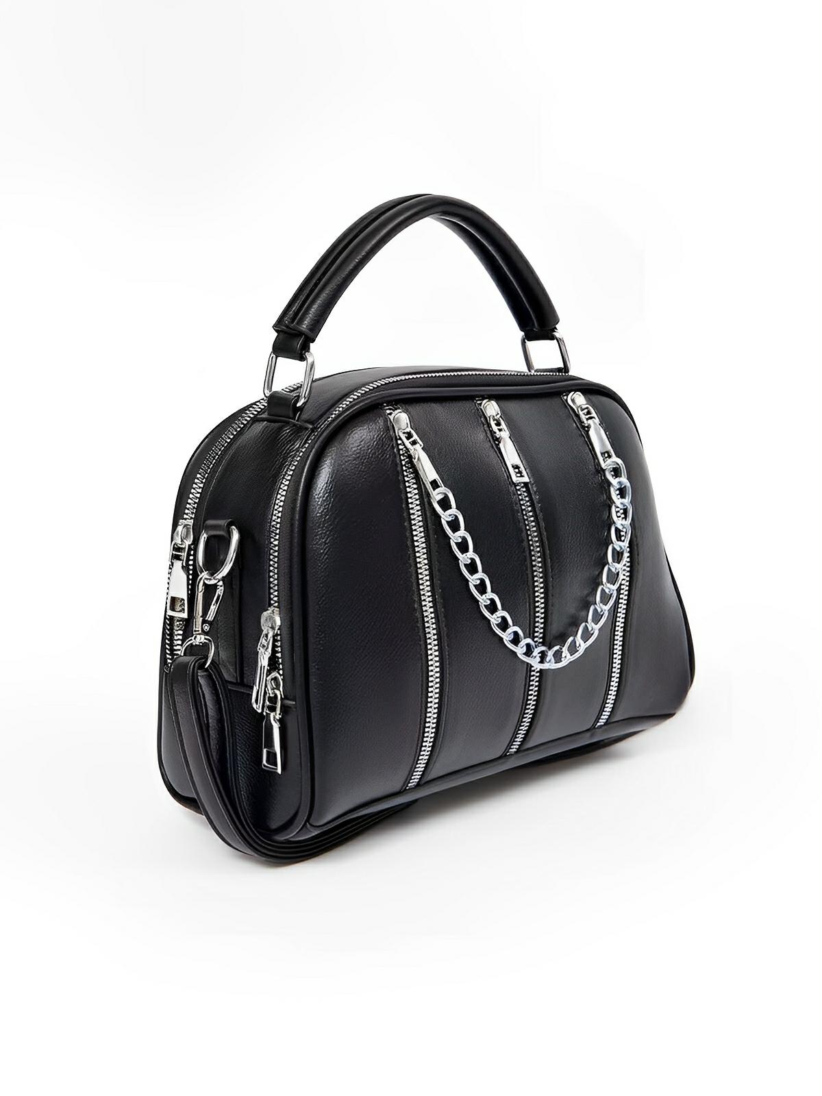 Sac à main femme, format moyen, simili vegan, poche téléphone, chaîne, noir, modèle Paola - Sac à main - Noir