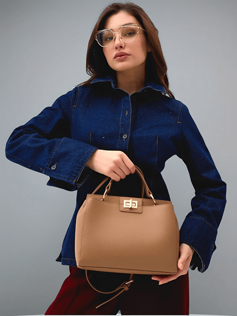 Sac à main femme, porté épaule et main, simili vegan, spacieux et raffiné, fermeture pivotante et zippée, modèle Henriette - Sac à main - Marron