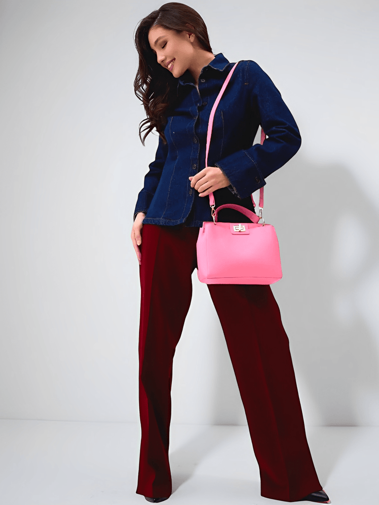 Sac à main femme, porté épaule et main, simili vegan, spacieux et raffiné, fermeture pivotante et zippée, modèle Henriette - Sac à main - Rose