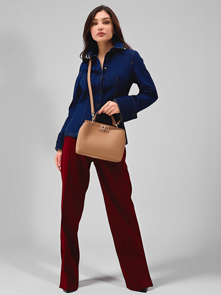 Sac à main femme, porté épaule et main, simili vegan, spacieux et raffiné, fermeture pivotante et zippée, modèle Henriette - Sac à main - Marron