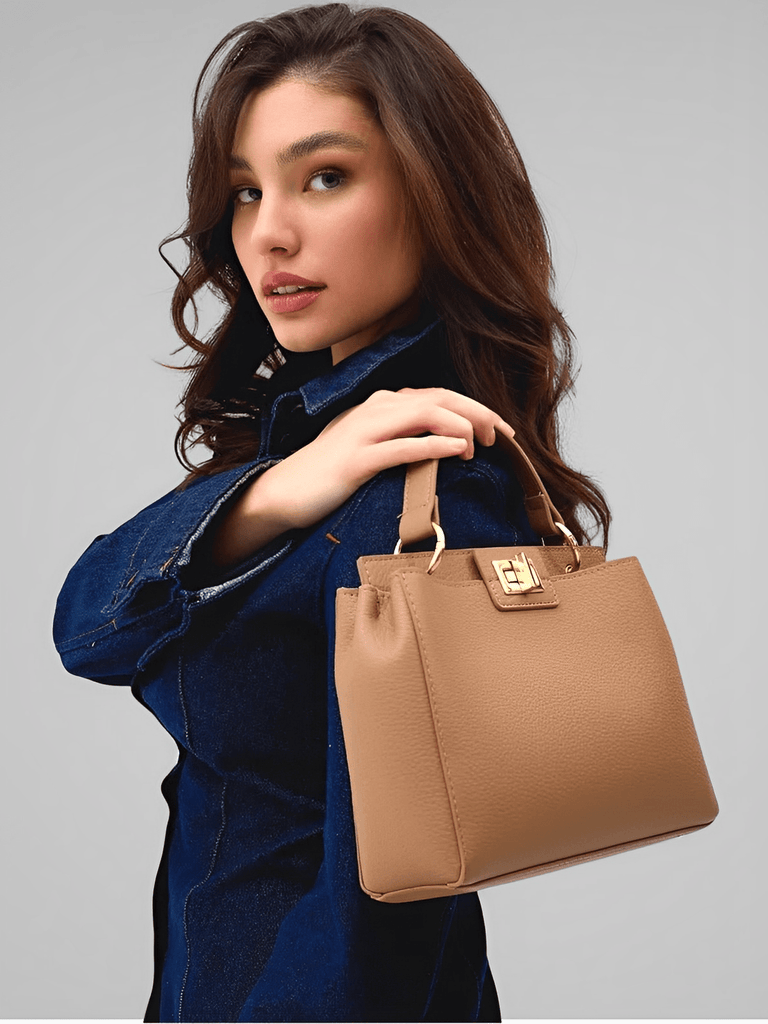 Sac à main femme, porté épaule et main, simili vegan, spacieux et raffiné, fermeture pivotante et zippée, modèle Henriette - Sac à main - Marron