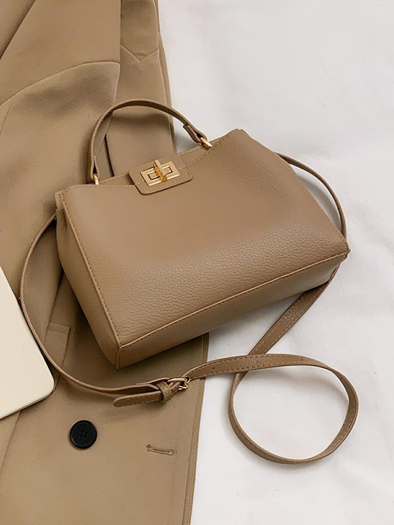 Sac à main femme, porté épaule et main, simili vegan, spacieux et raffiné, fermeture pivotante et zippée, modèle Henriette - Sac à main - Marron