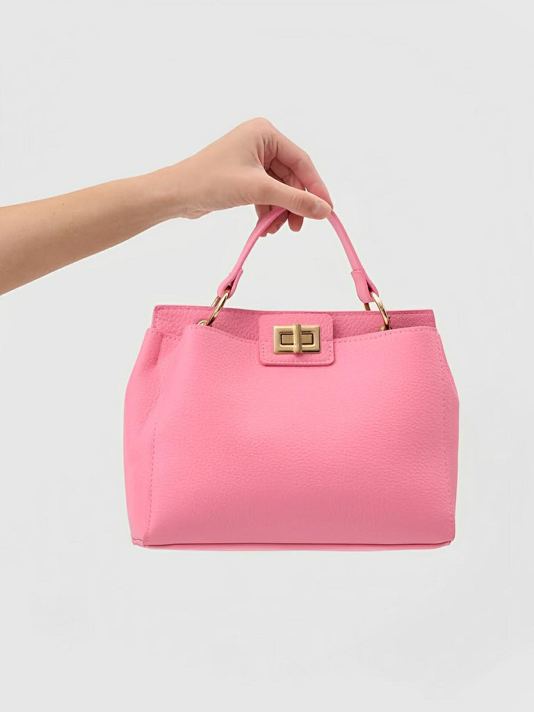 Sac à main femme, porté épaule et main, simili vegan, spacieux et raffiné, fermeture pivotante et zippée, modèle Henriette - Sac à main - Rose