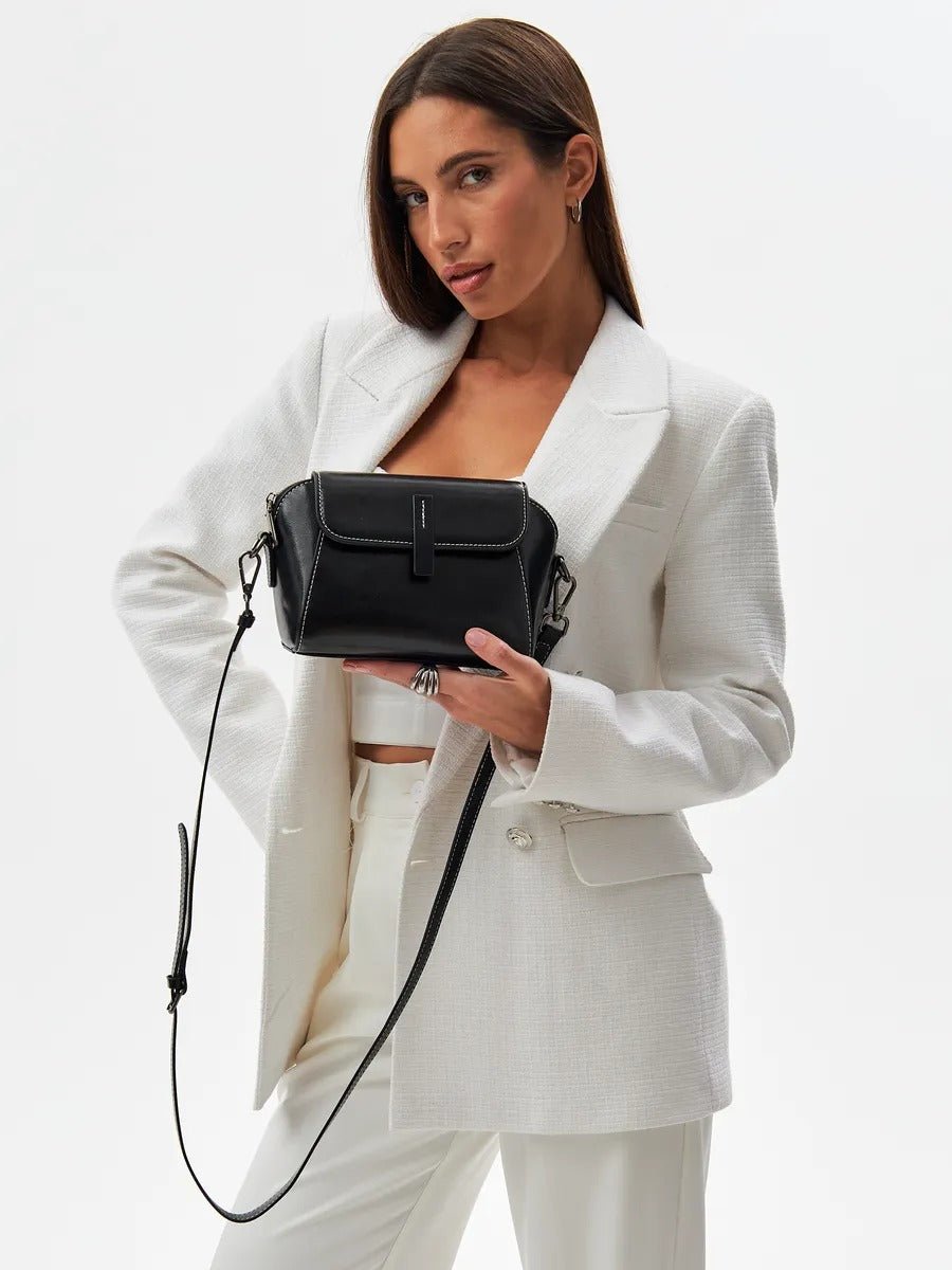 Sac bandoulière femme cuir, petit sac rigide, format rectangulaire, compartiments multiples, modèle Azeline - Sac à main - Noir