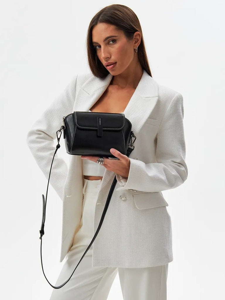 Sac bandoulière femme cuir, petit sac rigide, format rectangulaire, compartiments multiples, modèle Azeline - Sac à main - Noir